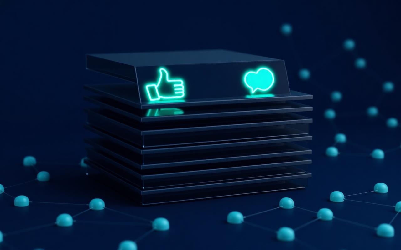 Illustration of stacked social feed cards with glowing like and comment icons