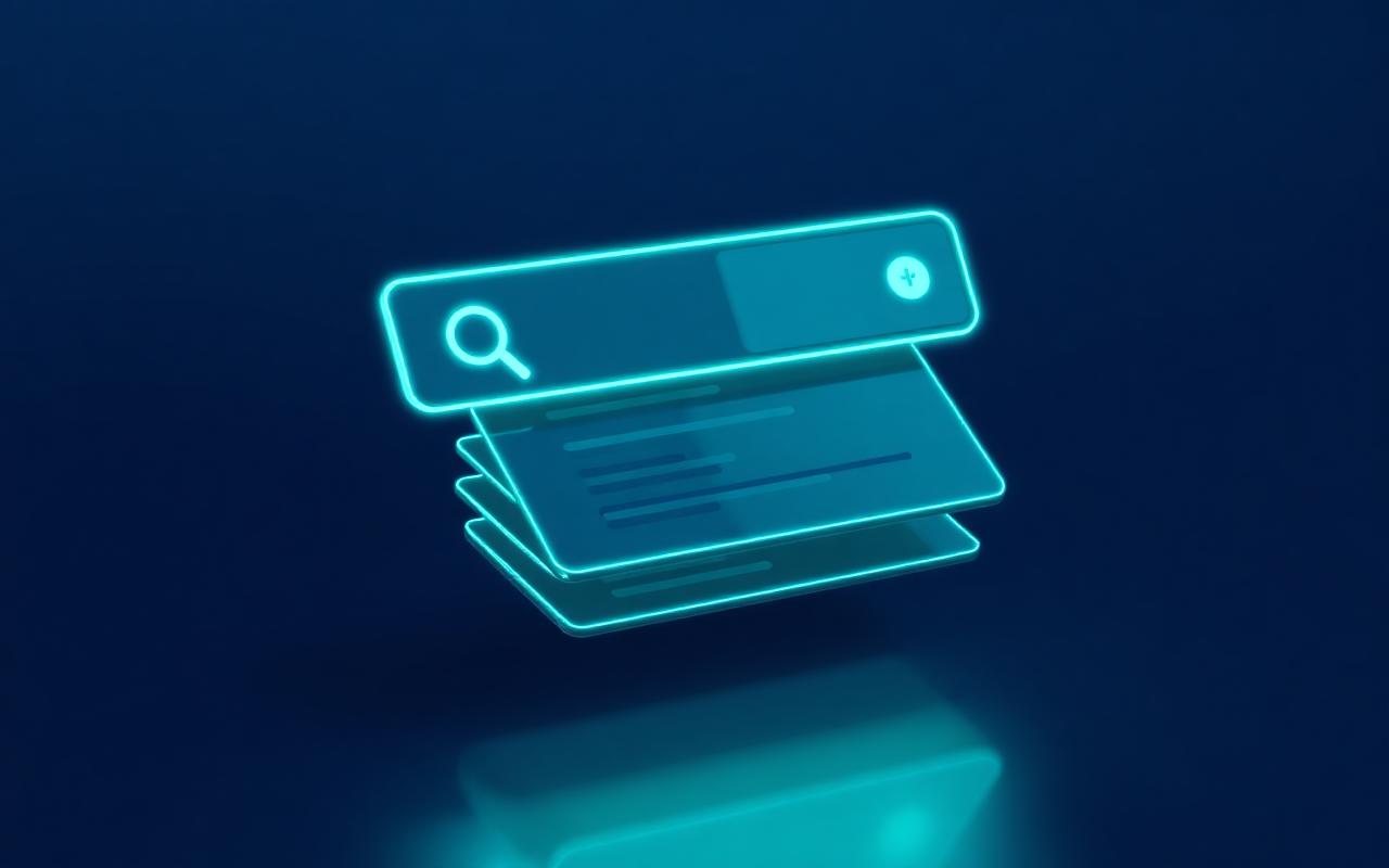Illustration of a glowing search bar above stacked search result cards