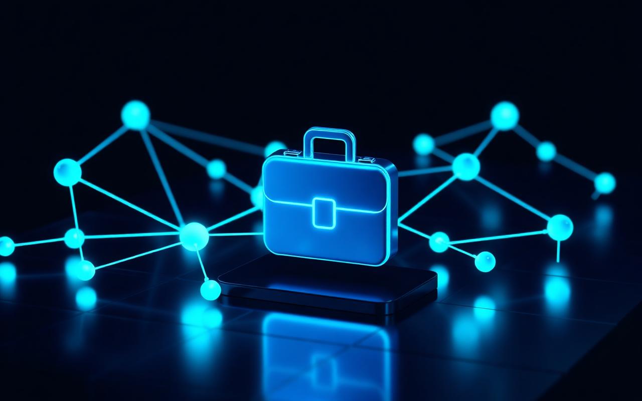 Illustration of a glowing briefcase connected to a network of nodes