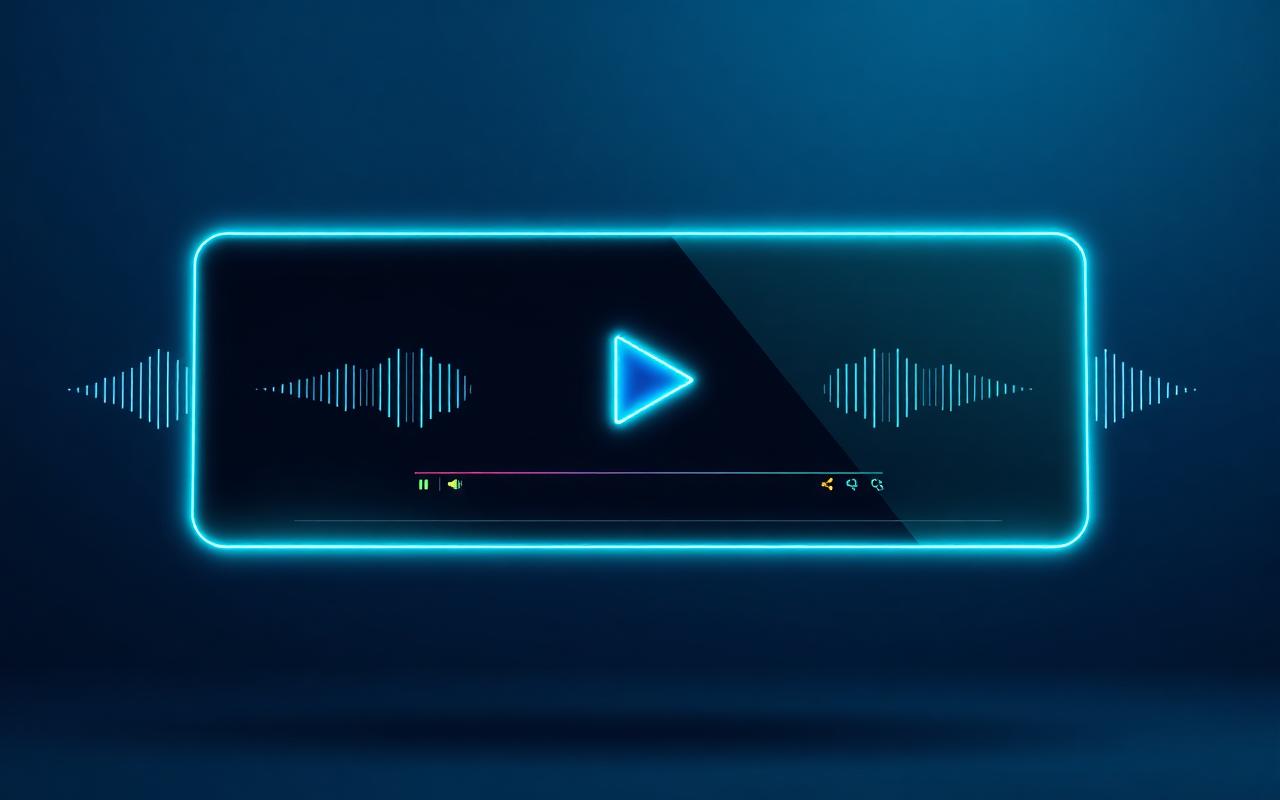 Illustration of a neon video player with a large play button and audio waveforms