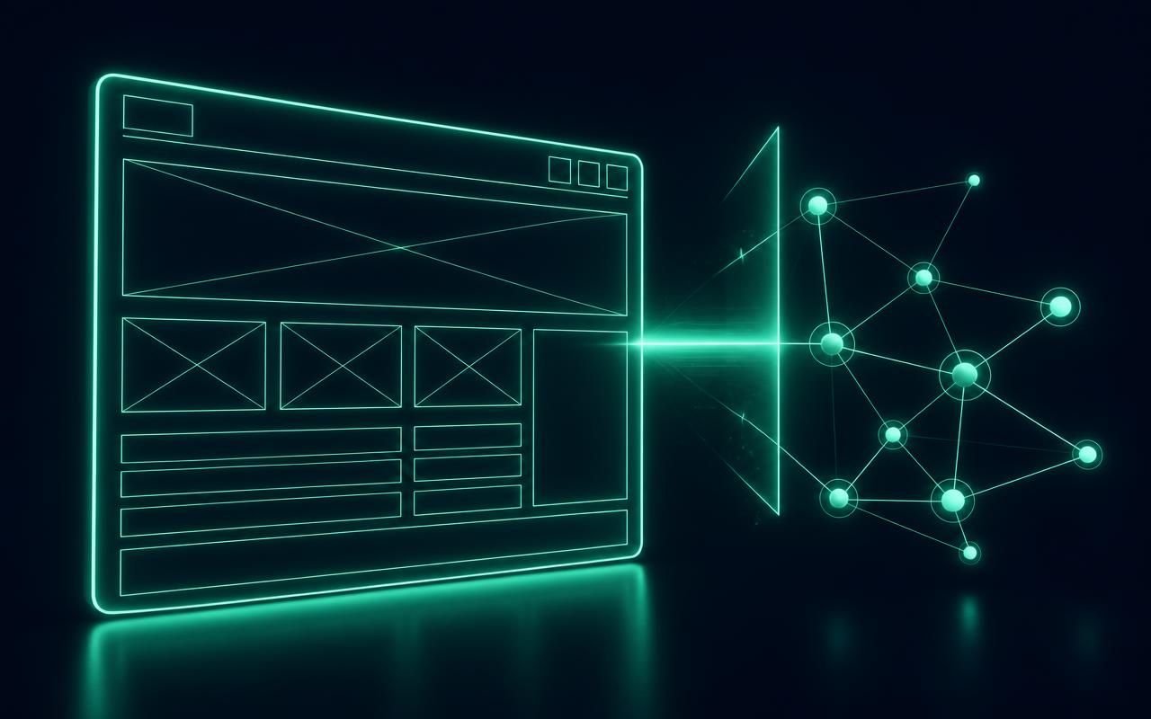 Illustration of a website wireframe emitting structured data into a knowledge graph
