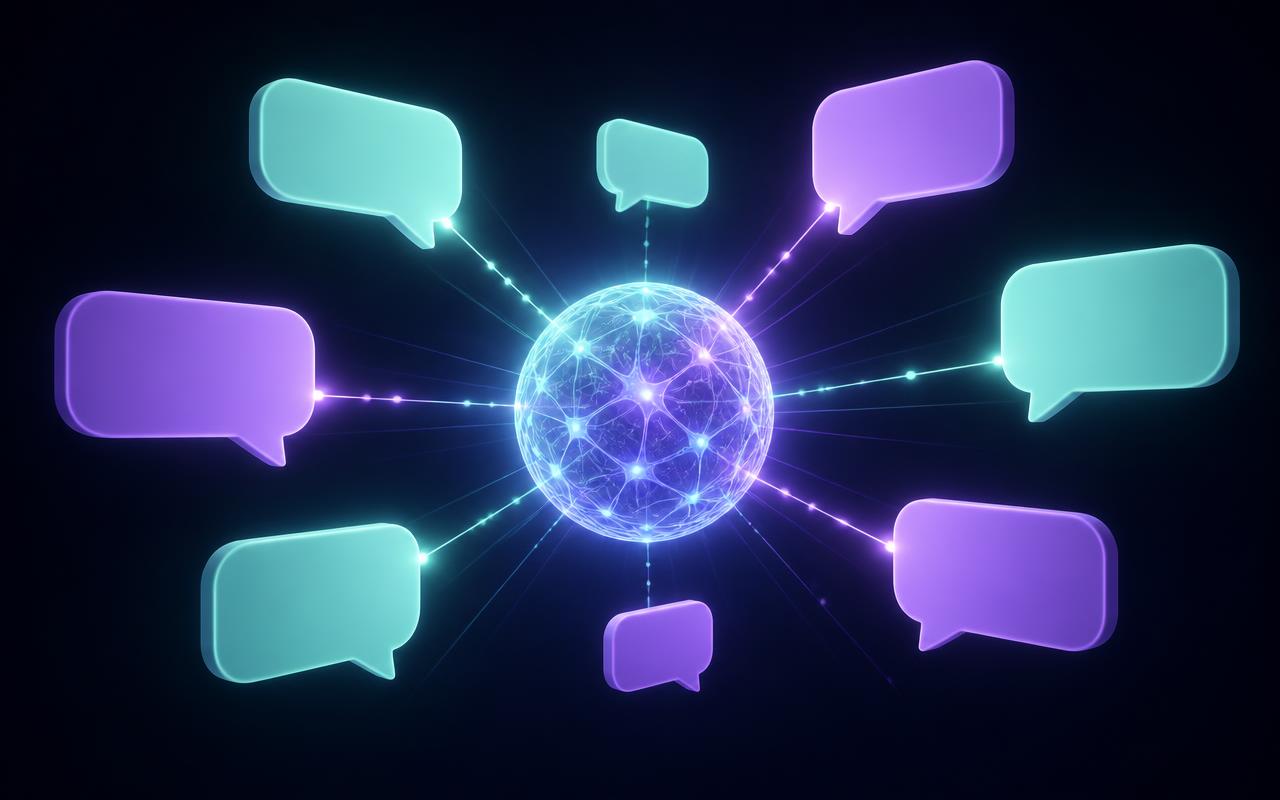 Illustration of an AI model sending answers out to multiple conversation bubbles